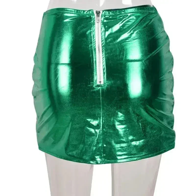Green Women's Puffer Skirt Metallic Shiny Warm Quilted Mini A-line - Femstylo