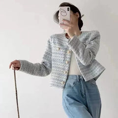 ITOOLIN Autumn Winter Women Elegant Tweed Cardigan Short Coat With Pocket Single Breasted Jacket For Women Loose Outwear 2024