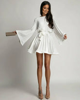 2025 Elegant Pleated Mini Dress - Flared Sleeve Lace-Up Summer Dress | Femstylo
