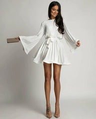 2025 Elegant Pleated Mini Dress - Flared Sleeve Lace-Up Summer Dress | Femstylo