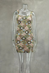 Colorful Rhombus Sequins Sexy Mini Dress Elegant Chic Straps Slit Bodycon Party Dresses Summer Holidays Evening Women Dress 2025