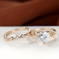 Heart Shaped Ring Set Green Black Red Stone Heart Ring Sets for Women Rose Gold Color White Zircon Wedding Bands Jewelry