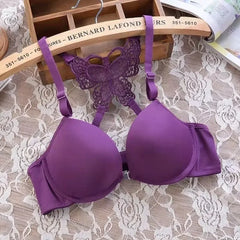 1 Piece Lace Stitching Bra Panties Front Buckle Push Up Bra Scallop Trim Panties Lingerie Set, Women's Lingerie Underwear