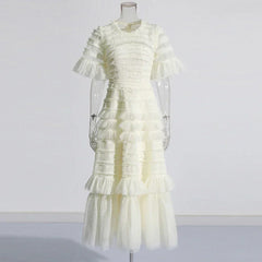 Patchwork Edible Tree Fungus Elegant Dresses For Women Round Neck Short Sleeve High Waist Temperament Dress Female Fashion