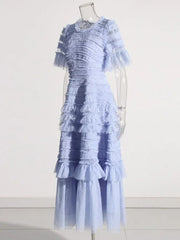 Patchwork Edible Tree Fungus Elegant Dresses For Women Round Neck Short Sleeve High Waist Temperament Dress Female Fashion