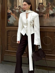 Tossy Elegant Female Striped Suit Coat For Women Scarf Lace-Up Patchwork V-Neck Long Sleeve Luxury Outwear Female Jackets Coat