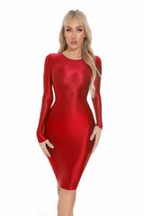 Sexy Women Oil Glossy Shiny Tight Pencil Dress Stain Smooth Bodycon Dress Elastic Push Up Packet Hip Stretch Step Dress