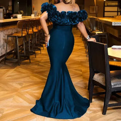 Women Strapless Sleeveless Ruffles Slash Neck Trumper Mermaid Dress Long Evening Party Floor Length Dress Solid Color Sexy