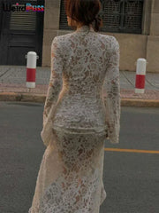 Weird Puss Embroidery Ruffles Dress Women Sexy Deep V-Neck Slits See Through Solid Tassel Petal Cuffs Street Elegance Vestidos