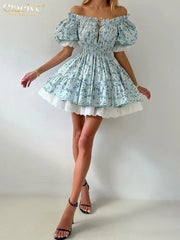 Clacive Summer Slim Print Women's Dress Fashion Slash Neck Short Sleeve Mini Dresses Elegant High Waist Patchwork Female Dress