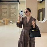 Elegant Lace Patchwork Hollow Out Dress Women Solid V-neck Long Lantern Sleeve Loose Dresses 2025 Spring Vacation Lady Robes