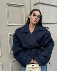 Women Lapel Lace Up Long Windbreaker Full Sleeve Shawl Waist Cinching Single Breasted Coats Lady Elegant Casual High Street Coat