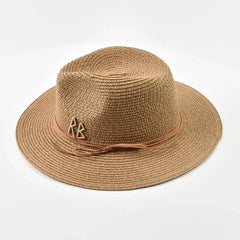 Fashionable Metal RB Letter Straw Hats for Women Men Summer Panaman Jazz Hat Outdoor Holidays Beach Sun Hat