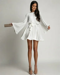 2025 Elegant Pleated Mini Dress - Flared Sleeve Lace-Up Summer Dress | Femstylo
