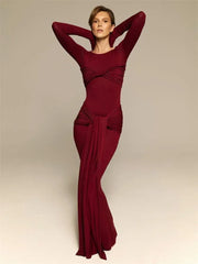 Tossy Female Pleated Sexy Maxi Dress Patchwork Twist Slim Long Sleeve Solid Y2k Autumn Streetwear Dress Women's Bodycon Dress