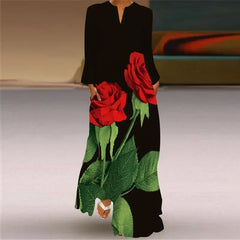 Women's Maxi Dress Printed Retro Fashion y2k vestidos Long Sleeve Loose Robe S-5XL