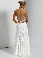 Mozision Spaghetti Strap Backless Sexy Maxi Dress Women Gown Fashion Off-shoulder Sleeveless Lace-up Evening Club Party Dress