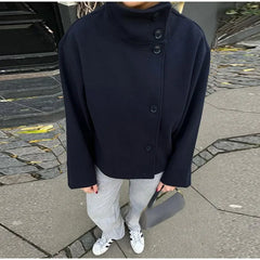 Fashion Women's Stand Collar Woolen Coats Long Sleeve Loose Female Short Coat 2025 Autumn Winter Office Lady Street Jacket