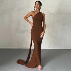 Hugcitar One Shoulder Backless Adjustable Scarf Loop Ruched Sexy Maxi Dress Women Elegant Y2K Streetwear Festival Outfit