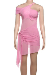 kliou Asymmetrical Slash Neck Women Mini Dress Solid Sexy Unique Mesh Pleated Ribbons Bodycon Mujer Concise Hipster Party Frock