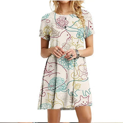 Painted Patters Cats Print Dress Short Sleeve Kawaii Women Dresses Summer For 2022 Fashion O-Neck Street Casual Loose Clothing