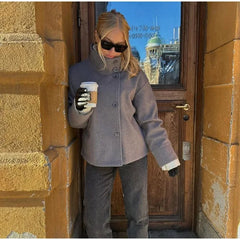 Fashion Women's Stand Collar Woolen Coats Long Sleeve Loose Female Short Coat 2025 Autumn Winter Office Lady Street Jacket