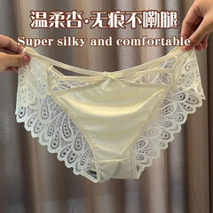 Plus Size Silk Shorts Sexy Lady Lace Hollow Breathable Satin Panties Women