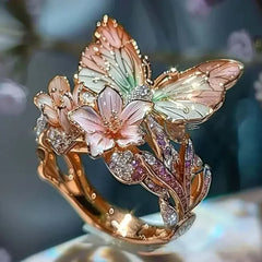 Aesthetic Flower Butterfly Rings for Female Romantic Rhinestone Stylish Non-fading Opening Ring Women Wedding Jewelry Party Gift
