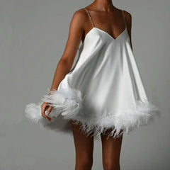 Combhasaki Women Solid Color Feather Trim V-Neck Chain Spaghetti Straps Sling Mini Dress Summer Sleeveless Backless vestido