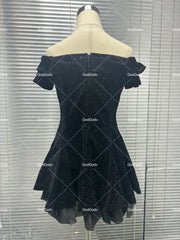Black French Vintage Elegant Design Woman Dress Gothic Off Shoulder Retro Mini Dress Female Fairy Birthday Party Chic Outfits