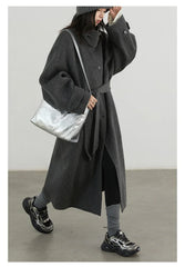 CHIC VEN Korean Women Woolen Coat Single Breasted Loose Stand Collar Belt Long Double-sided Ladies Overcoat Autumn Winter 2024