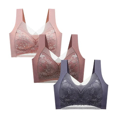 FallSweet 3PCS Lace Push Up Bras for Women Sexy Wireless Bra Ice Silk Deep V Bralette Tops Female Lingerie Mom's Underwear L-5XL