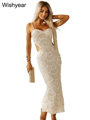 New Sequin Hollow Out Spaghetti Strap Backless Mermaid Long Dresses Women Elegant Celebrity Party Evening Wedding Bodycon Gowns