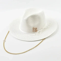Fashionable Metal RB Letter Straw Hats for Women Men Summer Panaman Jazz Hat Outdoor Holidays Beach Sun Hat