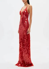 2025 Glitter Sequins Spaghetti Straps Women's Evening Dress Sleeveless Backless High Waist Floor Length Lady Birthday Party Gown