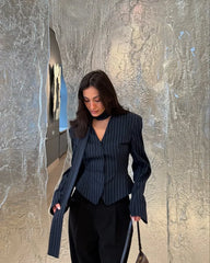 Tuularose Stripe Tailored Coat For Women Lace Up V Neck Long Sleeves Coat Female Fashion Elegant High-End Formal Tailored Coat