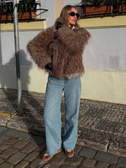 Warm Fluffy Faux Fur Cardigan Coats Women's Winter Turn-down Collar Full Sleeve Overcoat 2025 Autumn New Lady Solid Streetwear