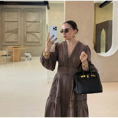 Elegant Lace Patchwork Hollow Out Dress Women Solid V-neck Long Lantern Sleeve Loose Dresses 2025 Spring Vacation Lady Robes