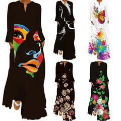 Women's Maxi Dress Printed Retro Fashion y2k vestidos Long Sleeve Loose Robe S-5XL