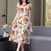 New Fashion Casual 2024 Summer Elegant Dresses For Women O-Neck Print Vintage Short Sleeve Dress Loose Women Clothing