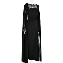 Mozision Long Cape Sleeve Split Maxi Dress For Women Gown Fashion Solid Square Collar Evening Sexy Long Dress Elegant New