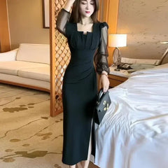 Gentle Temperament Slim Fit Dress with Women's Sleeves Square Neckline Pleated Solid Color Slimming Effect Medium Length Skirt