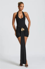 Mozision Metal Flower Draped Ruched Sexy Mini Dress Women Robe Fashion Halter Backless Sleeveless Bodycon Club Party Dress New