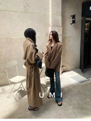 Lautaro Spring Autumn Oversized Khaki Long Grey Trench Coat for Women Double Breasted Loose Casual Korean Fashion Overcoat 2024