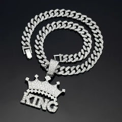 Men Hip Hop Crown with King Pendant Necklace with 13mm Crystal Cuban Chain HipHop Iced Out Bling Necklaces Fashion Charm Jewelry