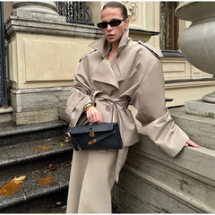 Women's Lace-up Cropped Trench Coat Chic Collar Long Sleeves Lapel Wide Shoulder Windbreaker Jacket Fall Commuting Daily Jackets