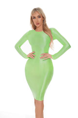 Sexy Women Oil Glossy Shiny Tight Pencil Dress Stain Smooth Bodycon Dress Elastic Push Up Packet Hip Stretch Step Dress