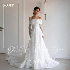 BOMP Elegant Lace Wedding Dress Sweetheart Off Shoulder Full Sleeves Sweep Train Ivory Bridal Gown Customized Robe De Mariée