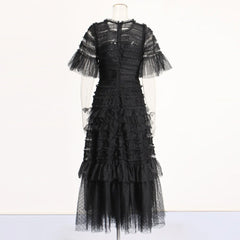 Patchwork Edible Tree Fungus Elegant Dresses For Women Round Neck Short Sleeve High Waist Temperament Dress Female Fashion