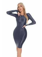 Sexy Women Oil Glossy Shiny Tight Pencil Dress Stain Smooth Bodycon Dress Elastic Push Up Packet Hip Stretch Step Dress